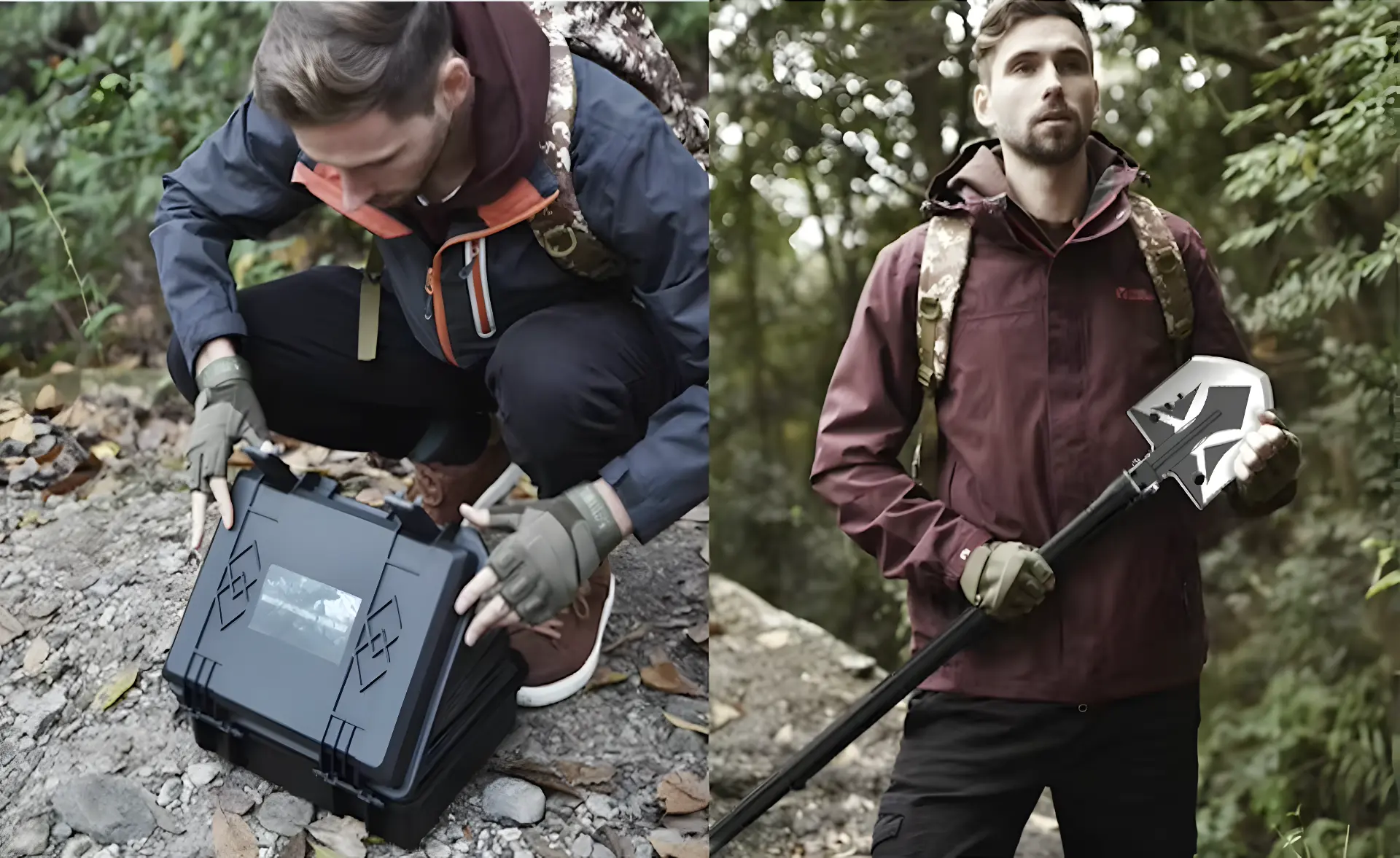 Hikers carrying the WoodsMaster kit on a forest trail