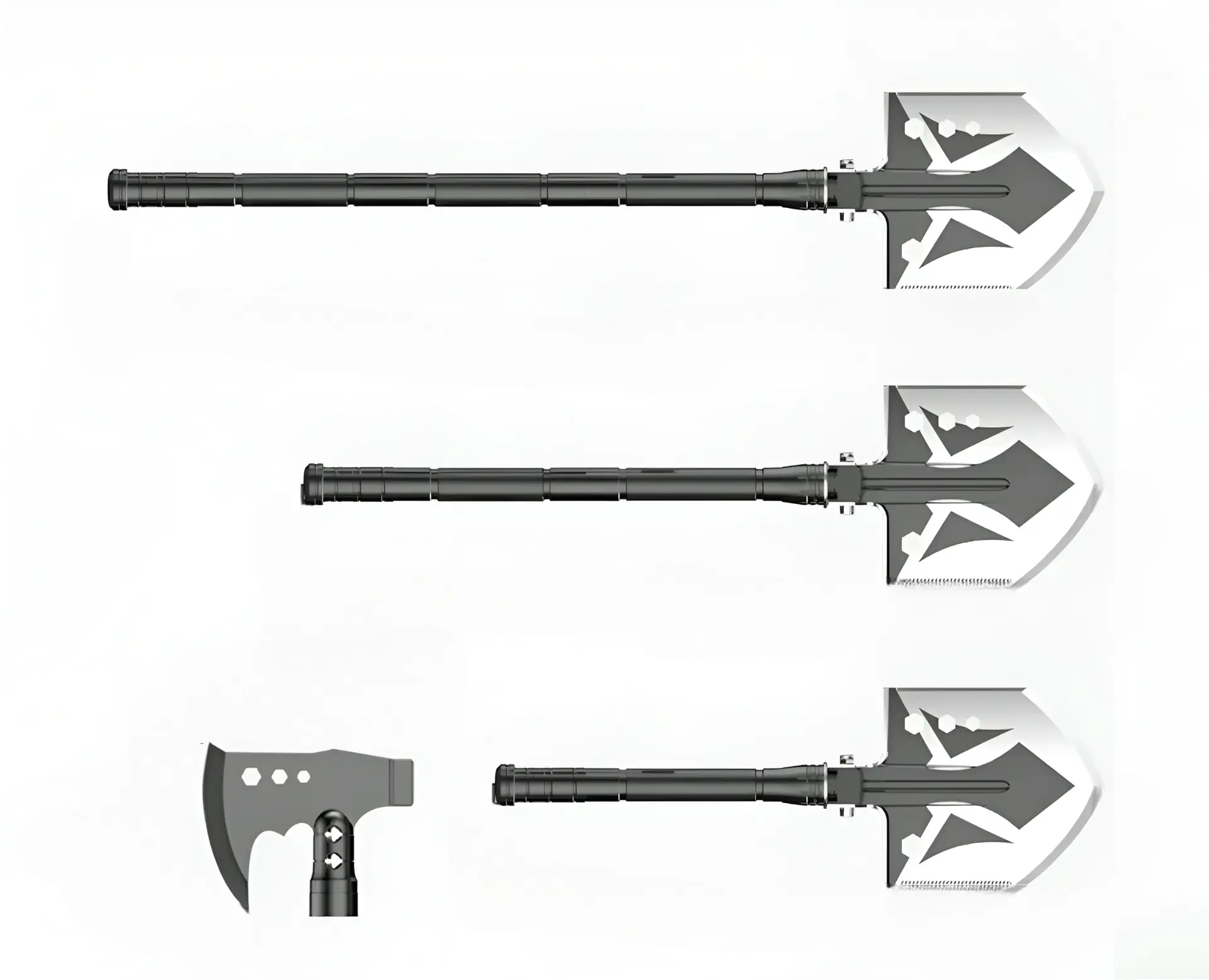 WoodsMaster shovel at three handle lengths with the axe head