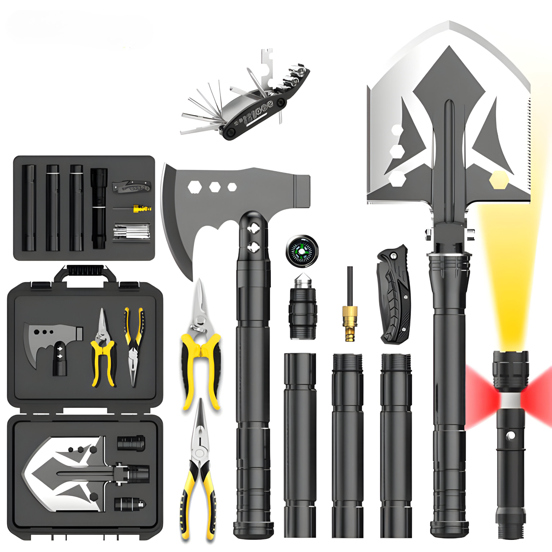WoodsMaster Kit with shovel, axe, tools, flashlight and hard case